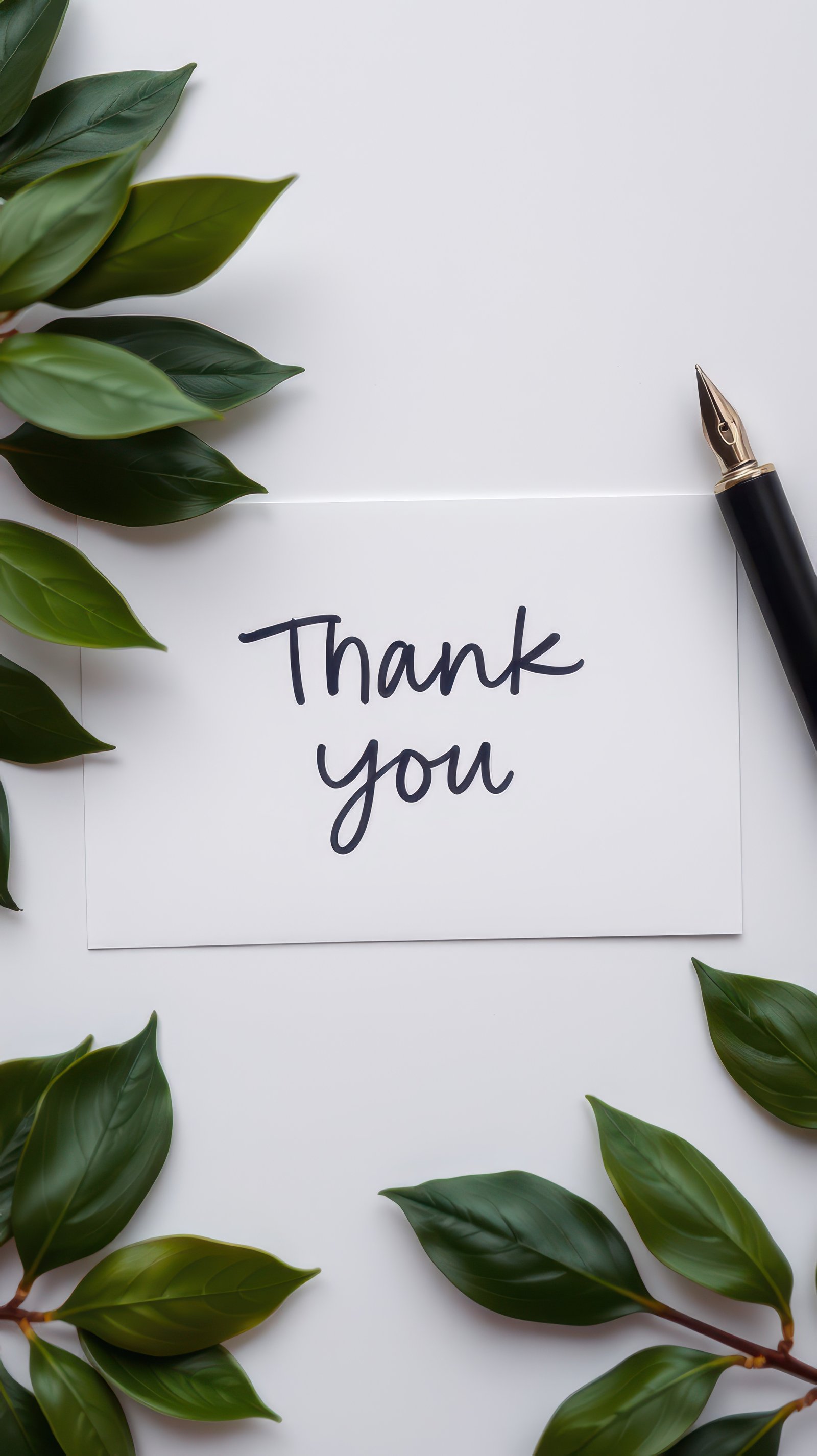 Elegant thank you card surrounded by green leaves on a plain white surface